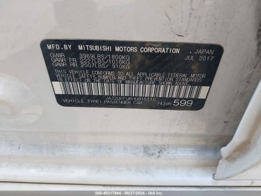 2017 Mitsubishi Lancer Es VIN: JA32U2FU6HU015110 Lot: 40217944