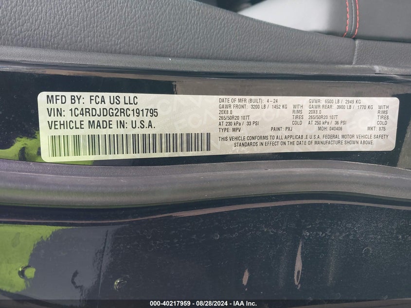 2024 Dodge Durango Gt Plus Awd VIN: 1C4RDJDG2RC191795 Lot: 40217959