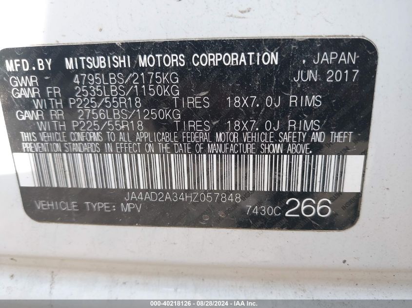 2017 Mitsubishi Outlander Es VIN: JA4AD2A34HZ057848 Lot: 40218126