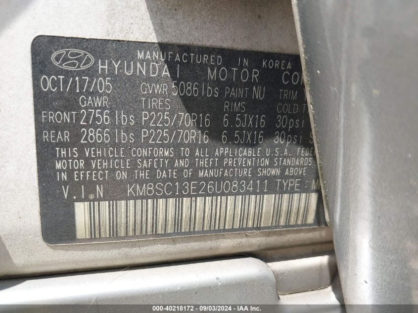 2006 Hyundai Santa Fe Gls/Limited VIN: KM8SC13E26U083411 Lot: 40218172