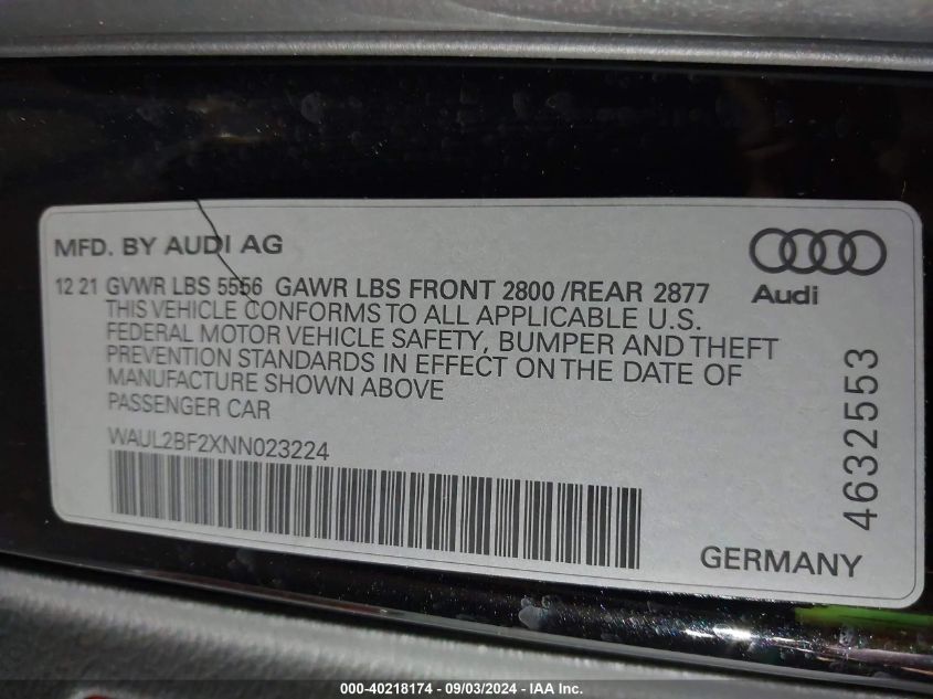 2022 Audi A6 Premium Plus 55 Tfsi Quattro S Tronic VIN: WAUL2BF2XNN023224 Lot: 40218174