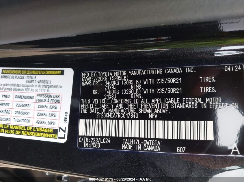 2024 Lexus Rx 500H F Sport Performance VIN: 2T2BCMEA7RC017840 Lot: 40218175