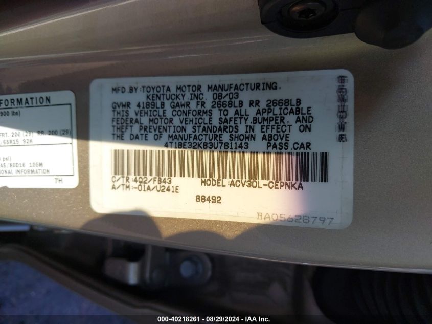 4T1BE32K83U781143 2003 Toyota Camry Le