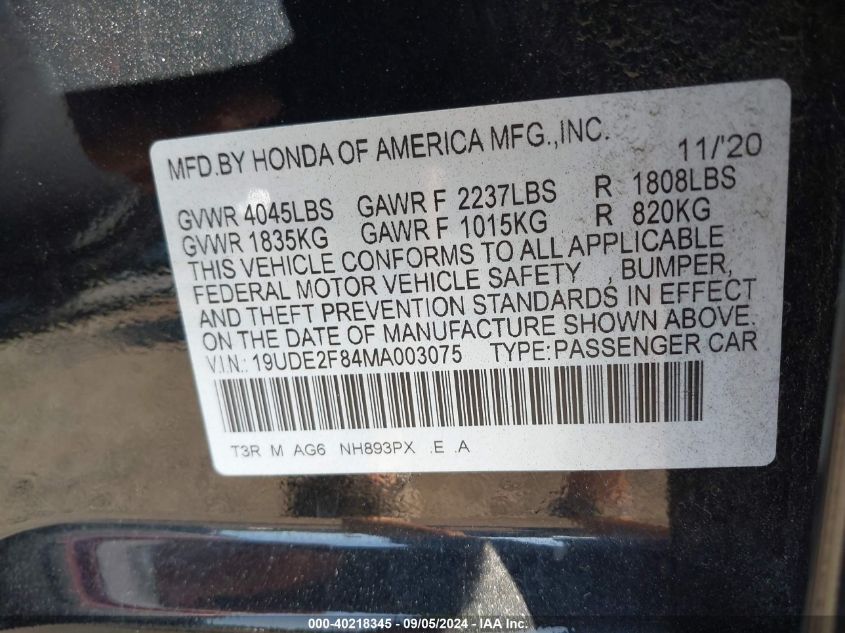 2021 Acura Ilx Premium A-Spec Packages/Technology A-Spec Packages VIN: 19UDE2F84MA003075 Lot: 40218345