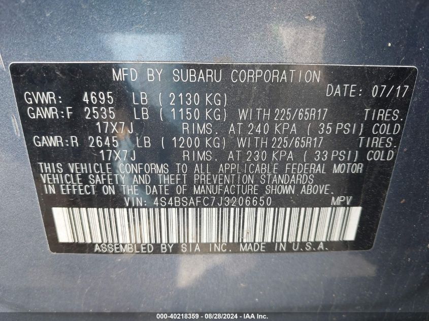 VIN 4S4BSAFC7J3206650 2018 SUBARU OUTBACK 2.5I PREMIUM