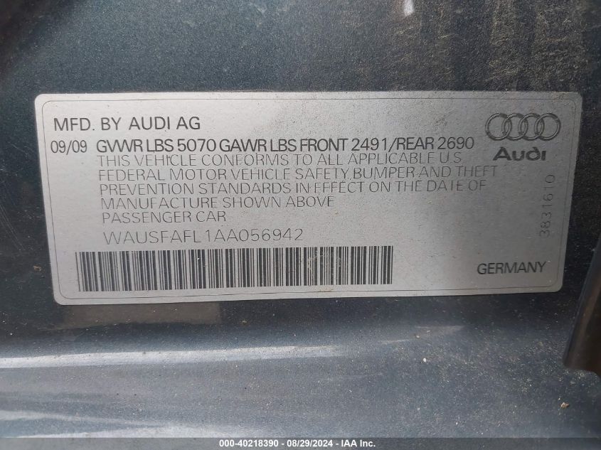 2010 Audi A4 2.0T Premium VIN: WAUSFAFL1AA056942 Lot: 40218390