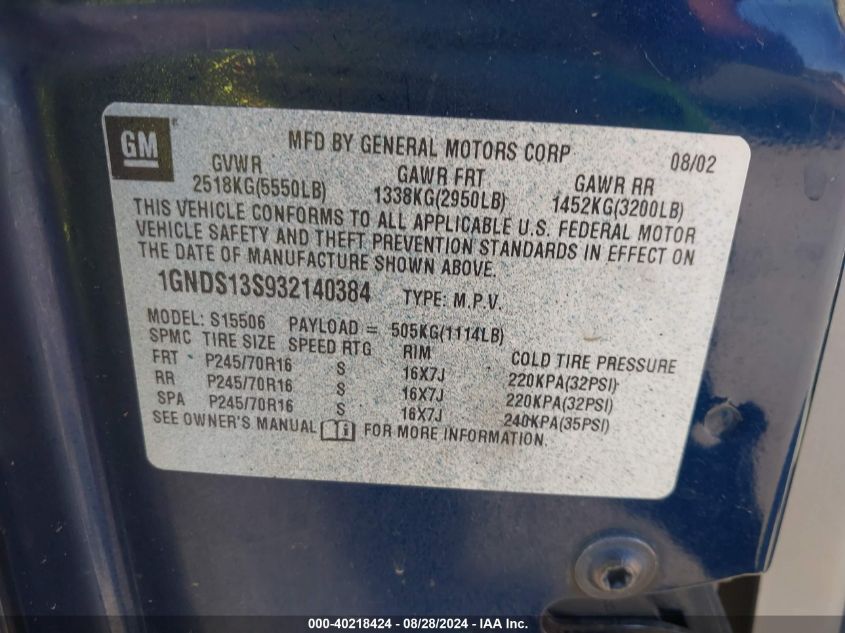 2003 Chevrolet Trailblazer Ls/Lt/Ltz VIN: 1GNDS13S932140384 Lot: 40218424