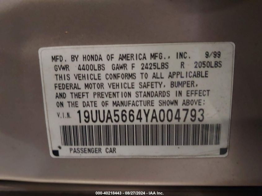 2000 Acura Tl 3.2 VIN: 19UUA5664YA004793 Lot: 40218443