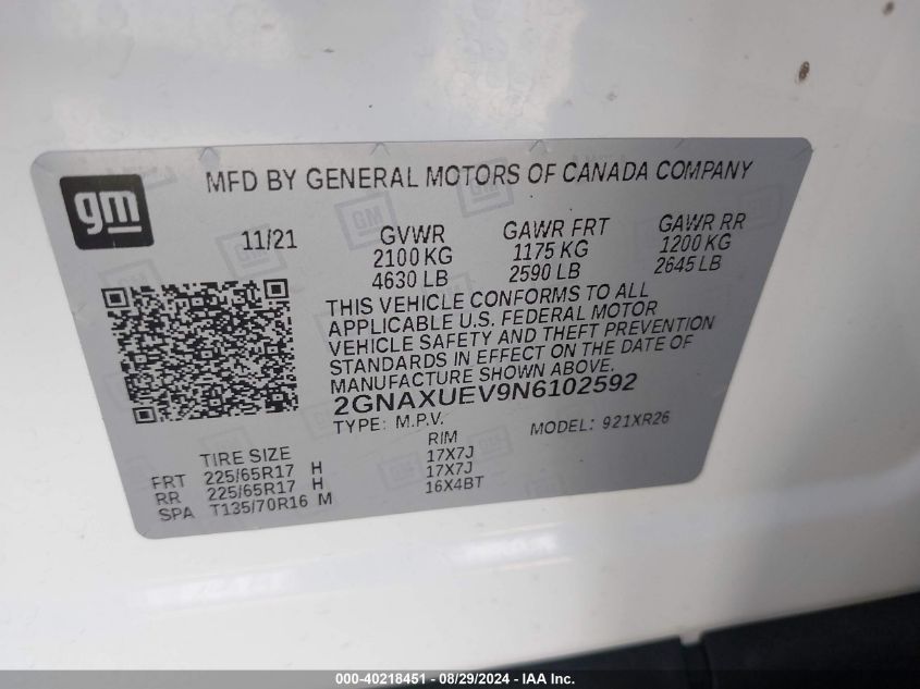 2022 CHEVROLET EQUINOX AWD LT - 2GNAXUEV9N6102592