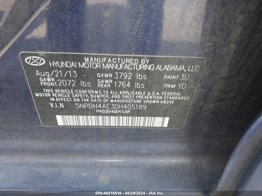 5NPDH4AE3DH405189 2013 Hyundai Elantra Gls