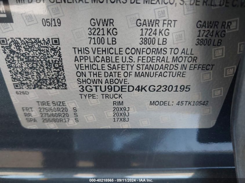 3GTU9DED4KG230195 2019 GMC Sierra 1500 K1500 Slt