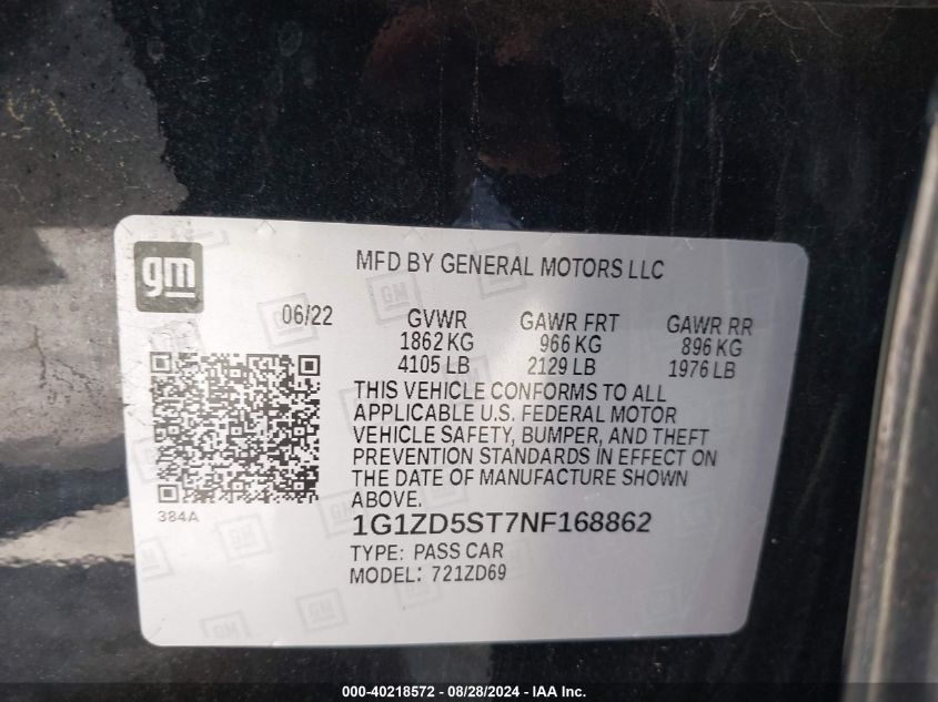 2022 Chevrolet Malibu Fwd Lt VIN: 1G1ZD5ST7NF168862 Lot: 40218572