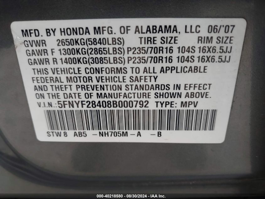 2008 Honda Pilot Ex VIN: 5FNYF28408B000792 Lot: 40218580