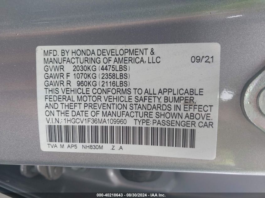 2021 Honda Accord Sport VIN: 1HGCV1F36MA109960 Lot: 40218643