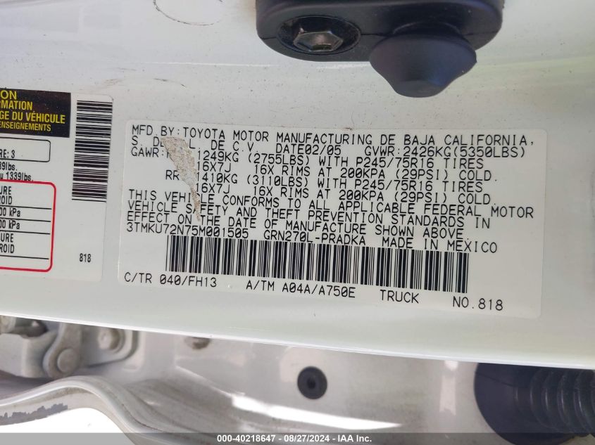 2005 Toyota Tacoma Prerunner V6 VIN: 3TMKU72N75M001505 Lot: 40218647