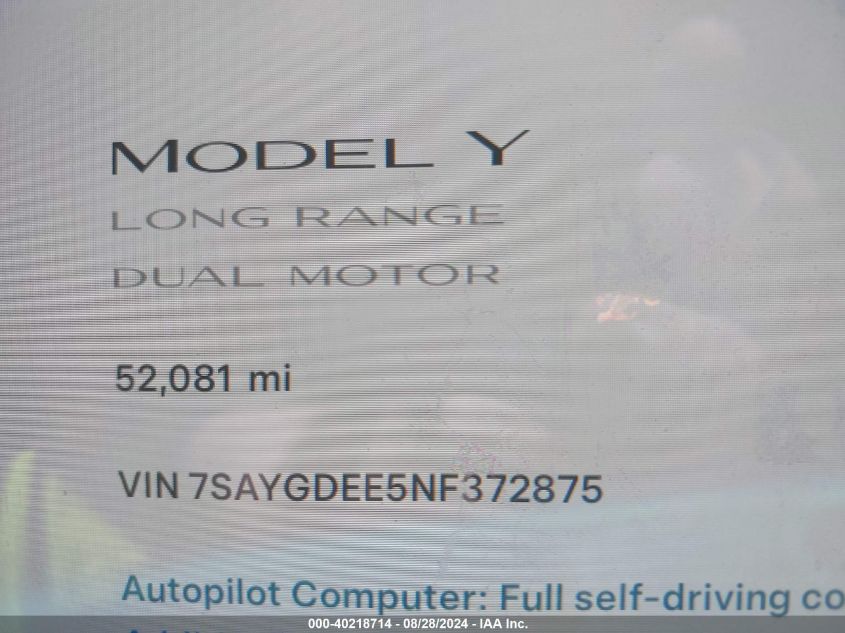 2022 Tesla Model Y Long Range Dual Motor All-Wheel Drive VIN: 7SAYGDEE5NF372875 Lot: 40218714