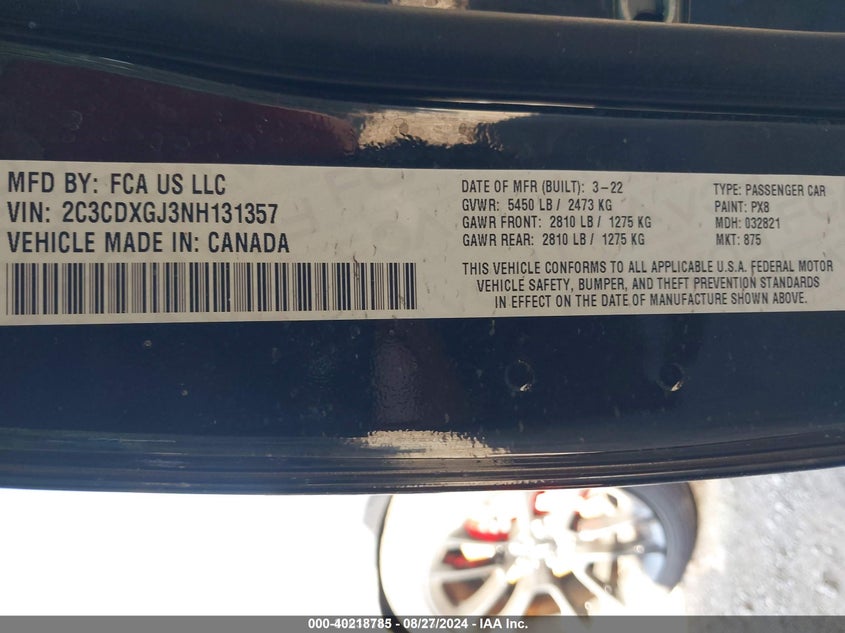 2022 Dodge Charger Scat Pack VIN: 2C3CDXGJ3NH131357 Lot: 40218785