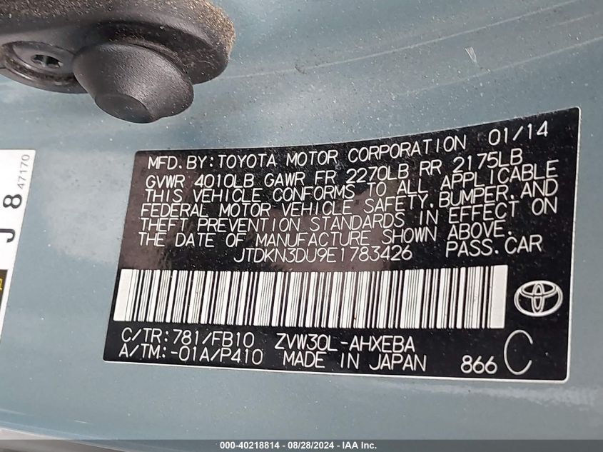 JTDKN3DU9E1783426 2014 Toyota Prius Two