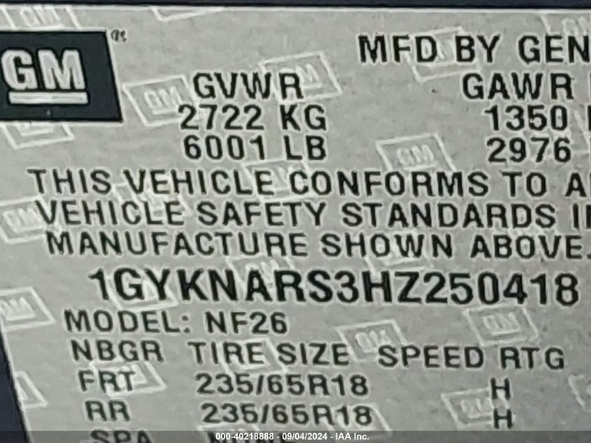 VIN 1GYKNARS3HZ250418 2017 CADILLAC XT5 STANDARD