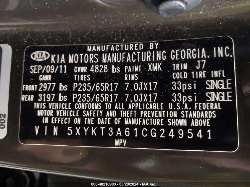 2012 Kia Sorento Lx VIN: 5XYKT3A61CG249541 Lot: 40218903