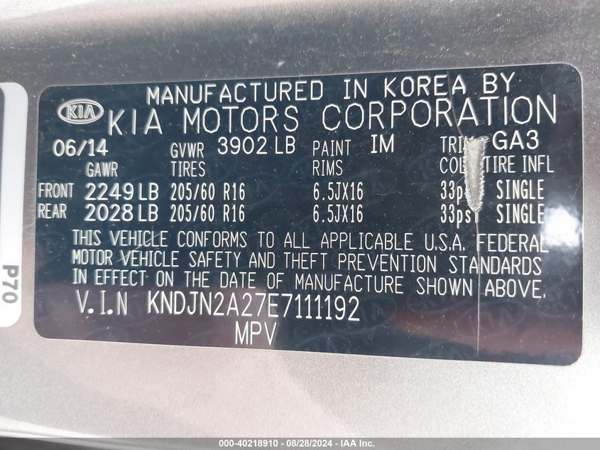 2014 Kia Soul VIN: KNDJN2A27E7111192 Lot: 40218910
