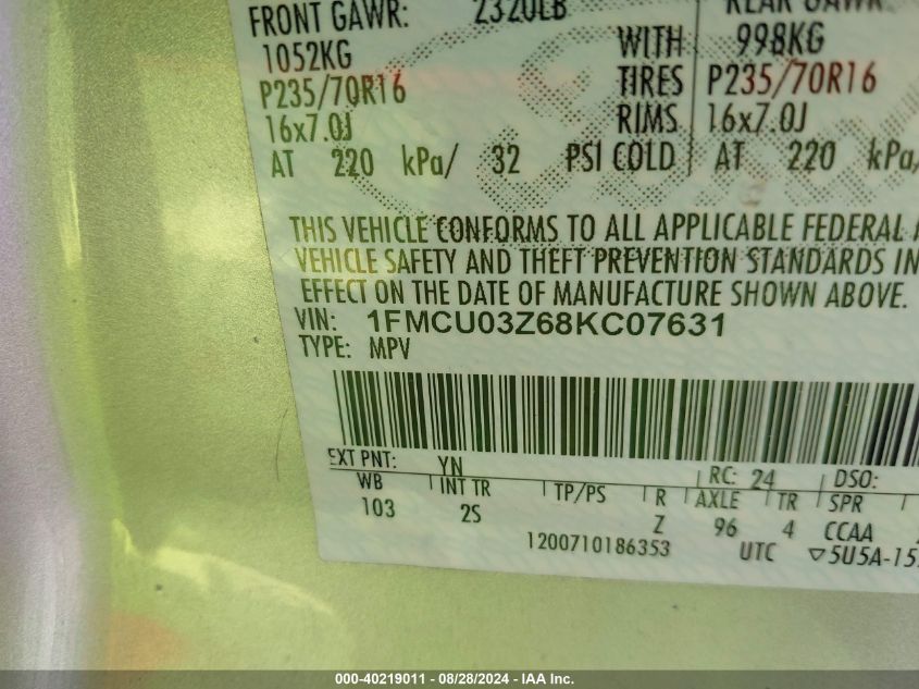 2008 Ford Escape Xlt VIN: 1FMCU03Z68KC07631 Lot: 40219011