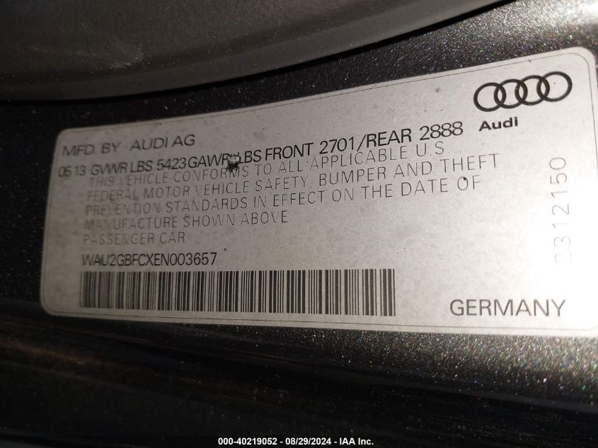 2014 Audi A7 3.0T Premium Plus VIN: WAU2GBFCXEN003657 Lot: 40219052