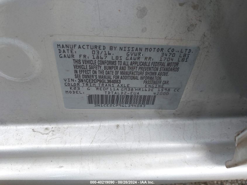 3N1CE2CP9GL394083 2016 Nissan Versa Note Sv