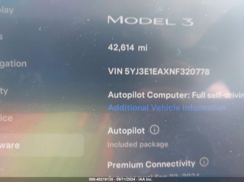 2022 Tesla Model 3 VIN: 5YJ3E1EAXNF320778 Lot: 40219135