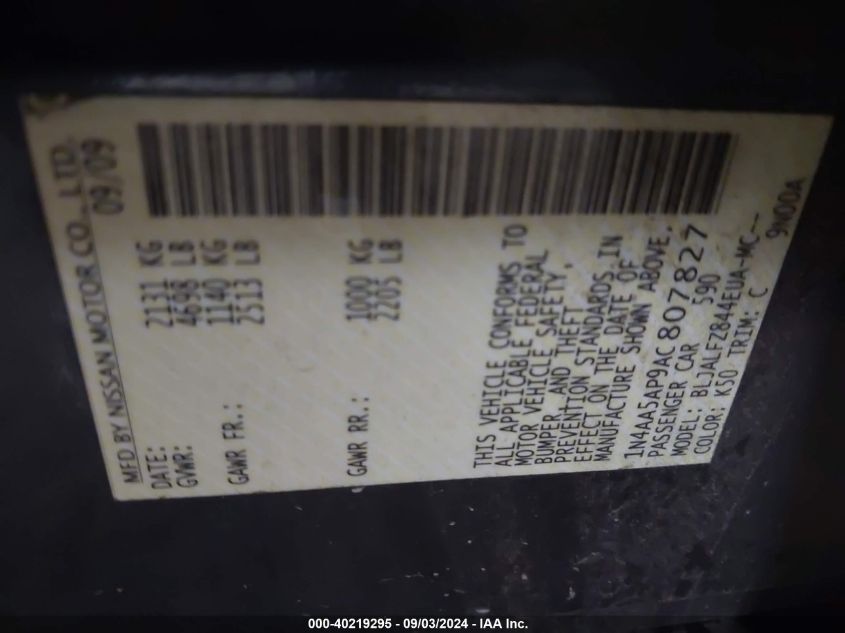 2010 Nissan Maxima 3.5 Sv VIN: 1N4AA5AP9AC807827 Lot: 43360512