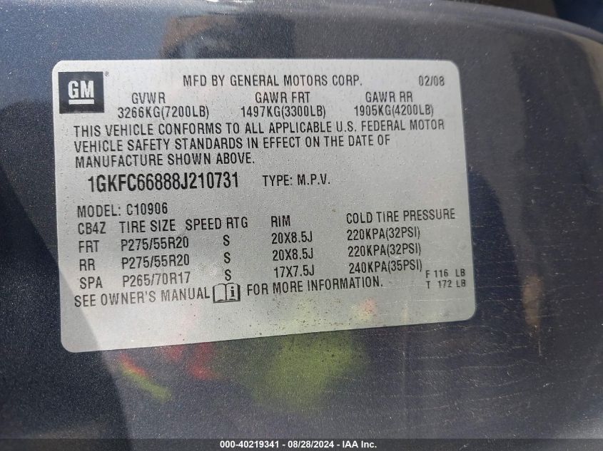 2008 GMC Yukon Xl 1500 Denali VIN: 1GKFC66888J210731 Lot: 40219341