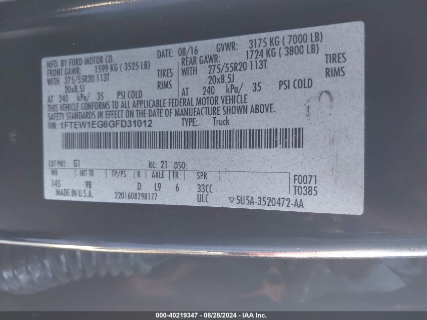 2016 Ford F150 Supercrew VIN: 1FTEW1EG6GFD31012 Lot: 40219347