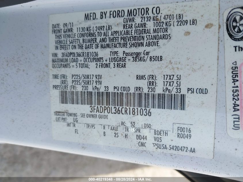 2012 Ford Fusion Hybrid VIN: 3FADP0L36CR181036 Lot: 40219348