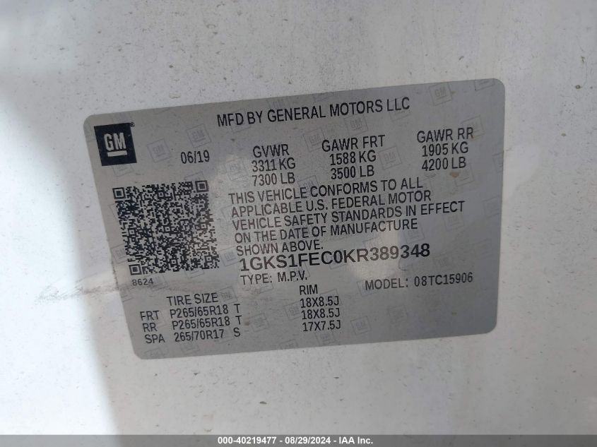 1GKS1FEC0KR389348 2019 GMC Yukon Xl Sle