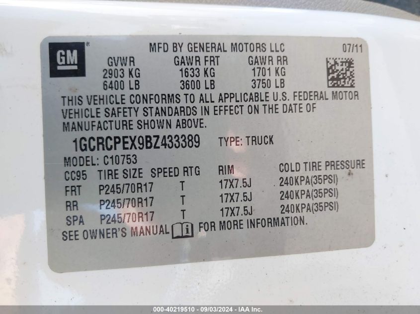 1GCRCPEX9BZ433389 2011 Chevrolet Silverado 1500 Work Truck