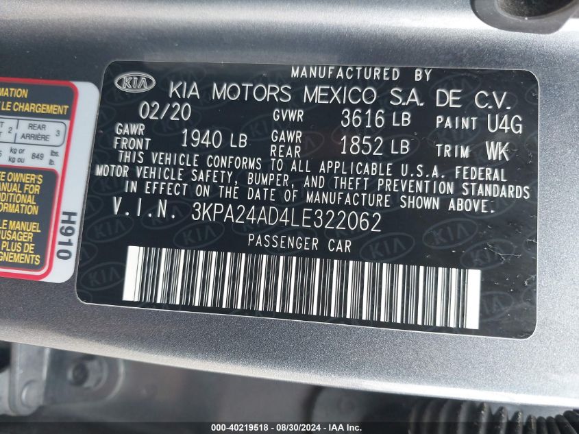 2020 Kia Rio S VIN: 3KPA24AD4LE322062 Lot: 40219518