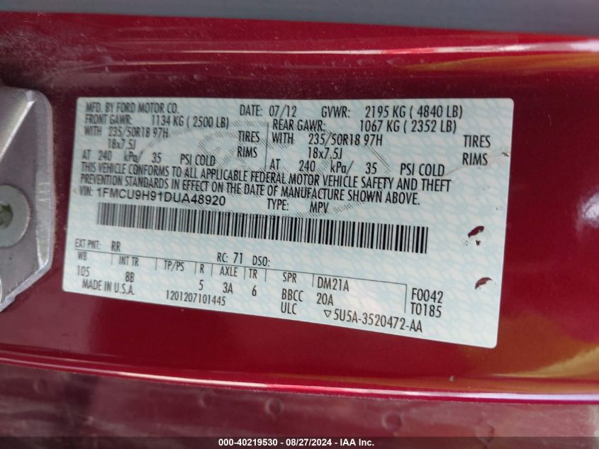 2013 Ford Escape Sel VIN: 1FMCU9H91DUA48920 Lot: 40219530