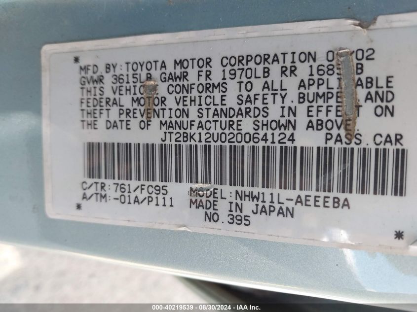 JT2BK12U020064124 2002 Toyota Prius