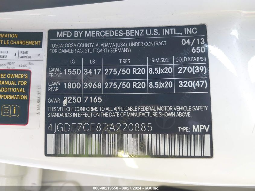 4JGDF7CE8DA220885 2013 Mercedes-Benz Gl 450 4Matic