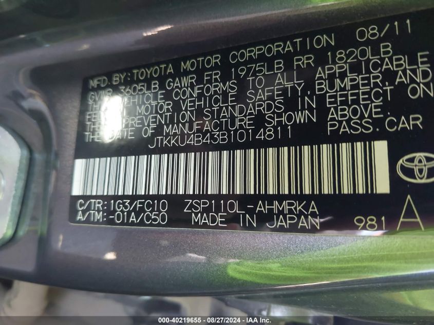 2011 Scion Xd VIN: JTKKU4B43B1014811 Lot: 40219655