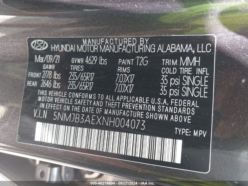 2022 Hyundai Tucson Sel VIN: 5NMJB3AEXNH004073 Lot: 40219694