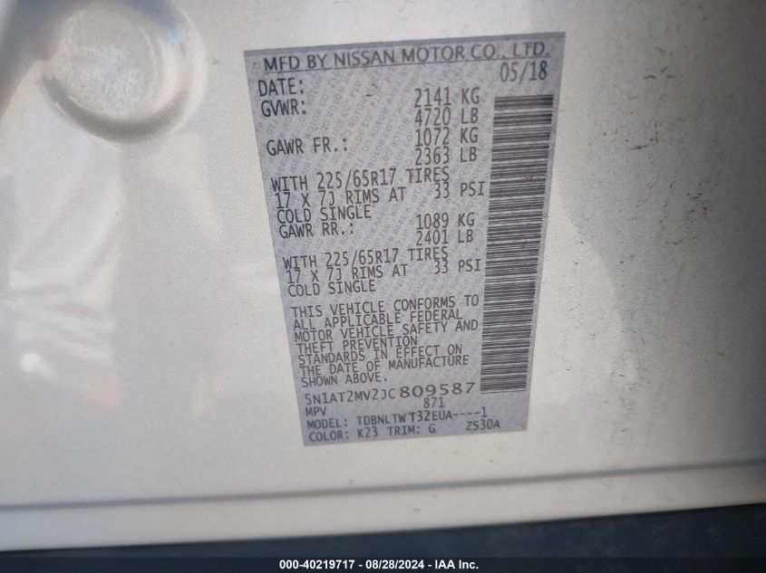 VIN: 5N1AT2MV2JC809587 2018 NISSAN ROGUE SV/SL