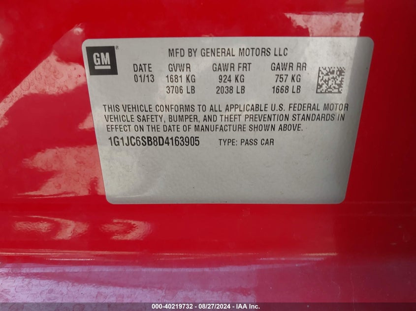 2013 Chevrolet Sonic Lt Auto VIN: 1G1JC6SB8D4163905 Lot: 40219732