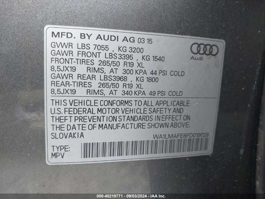 2015 Audi Q7 3.0 Tdi Premium VIN: WA1LMAFE8FD019028 Lot: 40219771