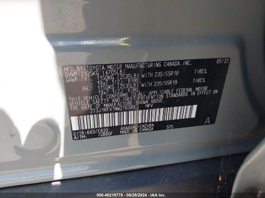 2022 Toyota Rav4 Adventure VIN: 2T3J1RFV1NW276389 Lot: 40219778