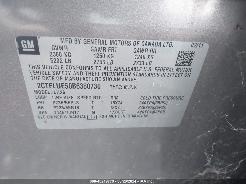 2011 GMC Terrain Slt-1 VIN: 2CTFLUE50B6380730 Lot: 40219779