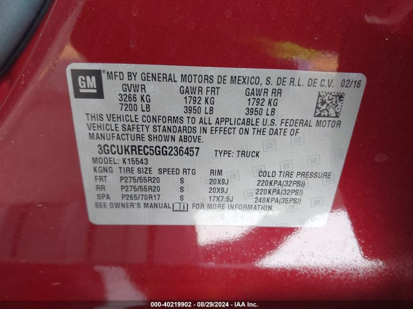 3GCUKREC5GG236457 2016 Chevrolet Silverado 1500 2Lt