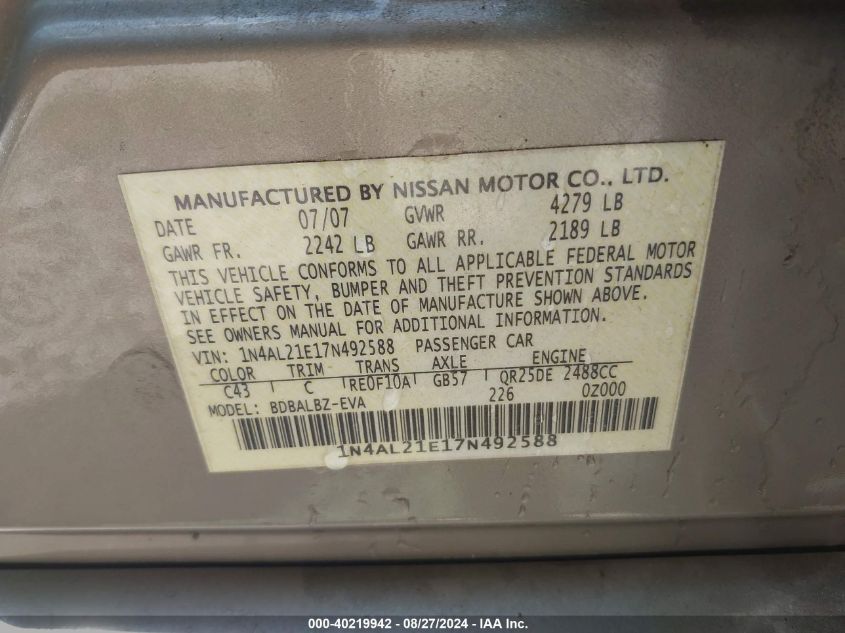2007 Nissan Altima 2.5 S VIN: 1N4AL21E17N492588 Lot: 40219942