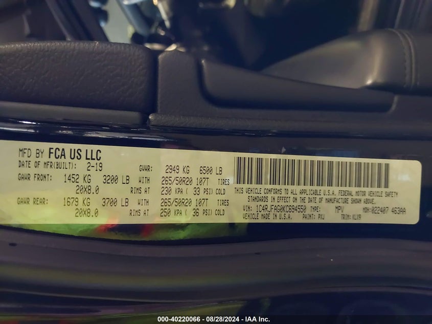 VIN 1C4RJFAG0KC694550 2019 JEEP GRAND CHEROKEE ALTITUDE 4X4
