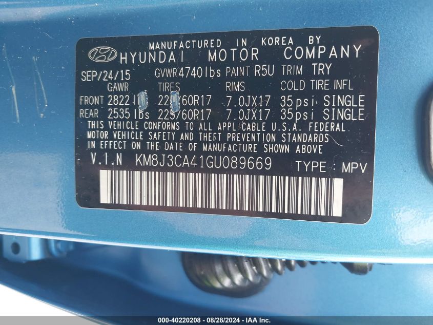 KM8J3CA41GU089669 2016 Hyundai Tucson Se